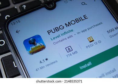 PUBG MOBILE game application  on Google Play Store screen. Popular mobile game PUBG. Afyonkarahisar, Turkey - April 18, 2022.