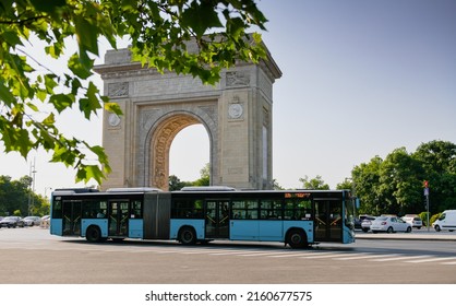 Public bus transportation in Bucharest. An Otokar bus part of Bucharest STB (Transportation Society) photographed in traffic in the north of the city next to Arch of Triumph. Romania, 2022.