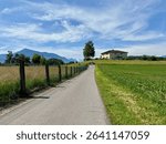 Public cycle path from Cham to Risch across flowering fields in spring, Switzerland.