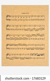 Public domain, Canon in D on parchment paper, composed circa 1680 by Johann Pachelbel. Isolated.