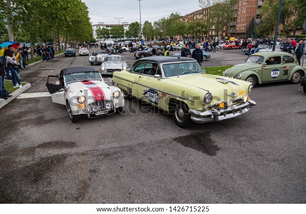 Public event of historical Parade\
of MilleMiglia a classic italian road race with vintage\
cars