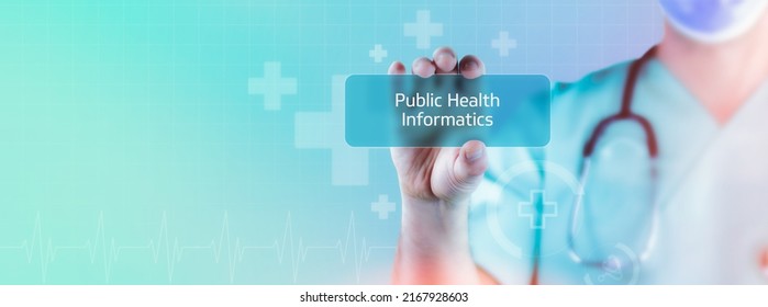 Public Health Informatics. Doctor holds virtual card in hand. Medicine digital