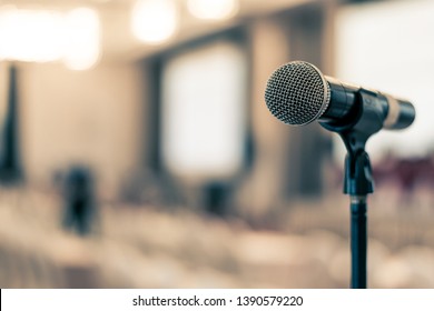 Public Hearing With Microphone Voice Speaker In Business Seminar, Speech Presentation, Town Hall Meeting, Lecture Hall Or Conference Room In Corporate Or Community Event For Host