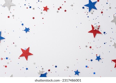 Public holiday in USA concept. High angle view photo of empty space surrounded by red, white and blue star-shaped confetti on white isolated background with copy-space