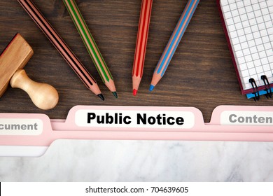 Public Notice Concept. Folder Register On A Dark Wooden Desk