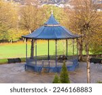 Public park behind the Colchester Castle park with nice looking pavilion. Late autumn vibes in the park. Colorful season in the park.