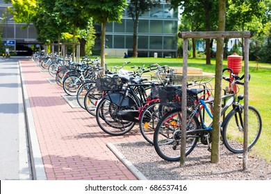 Public park with bicycle parking in Dusseldorf, Germany