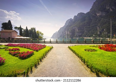 Public park gardens on the lake. Riva del Garda, Trentino, Italy, Europe.