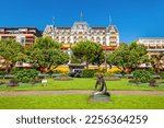 Public park in Montreux. Montreux is a town on the shoreline of Lake Geneva at the foot of the Alps in Switzerland