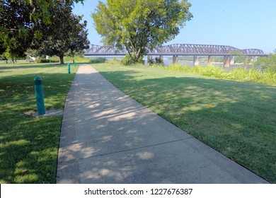 Public Park Near Harahan Bridge, Big River Crossing From Tennessee To Arkansas, Mississippi River, USA.