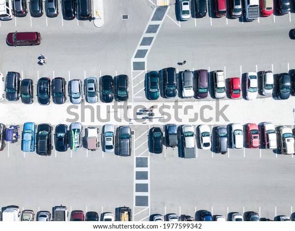 Public Parking for cars. Parking lot for\
car is full. Bright Sunny day. Aerial top\
view.