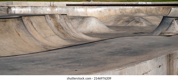 Public Playground For A Skateboard In A Recreation Park. No People.