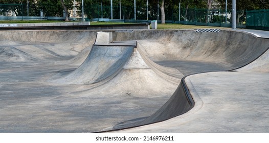 Public Playground For A Skateboard In A Recreation Park. No People.