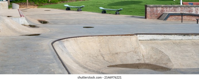 Public Playground For A Skateboard In A Recreation Park. No People.