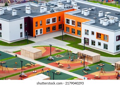 Public School Building. Top View Exterior Of School Building With Playground. Back To School Concept.