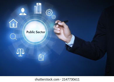 Public Sector Concept. Man Pointing At Virtual Screen With Different Icons On Blue Background, Closeup