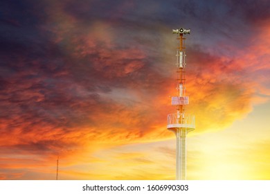 Public Speaker Sound And Light Alarm System With Solar Panels, Tsunami Warning Tower Provides A Warning From A Tsunami That Hit The Coast In Thailand.