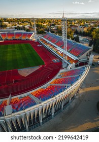 Public Sports Stadium In Riga, Latvia From Above With Football Field