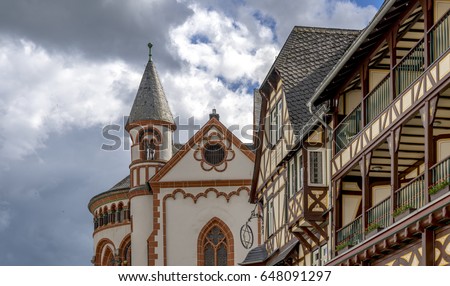Public street view with romantic half-timbered houses of Bacharach /  Rhine. Rhineland-Palatinate. Germany.