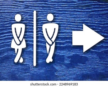 public toilet sign board with white woman and man figure and arrow on blue background or surface with noise effects. public toilet or wc sign board photo with selective focus and copy space on blue - Shutterstock ID 2248969183