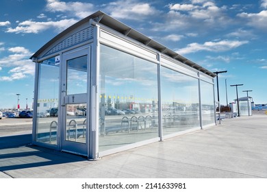 A Public Transit Bus Shelter At A Municipal Transfer Station For Urban Commuters In Airdrie Alberta Canada.