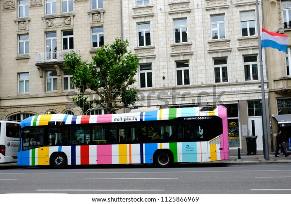 A public transport bus in main street of \
Luxembourg city on Jun. 22,\
2018.