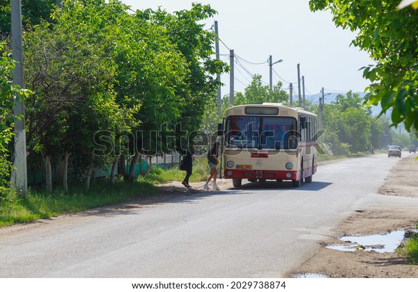 Public transport buses. Background with copy\
space for text or inscriptions. Illustrative editorial. June 22,\
2021 Biruintsa Moldova.
