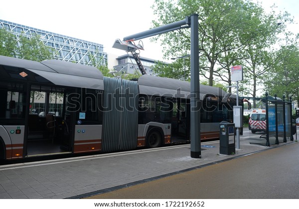 A public transport electric bus in main\
street of  Brussels, Belgium, May 4,\
2020.
