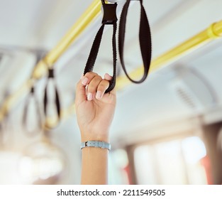 Public Transport Hands, Safety Handle And Railing Loop On Bus, Train And Urban Metro Subway. Closeup Woman Traveler Grab Handrail Support, Handle And Transportation Ring In Crowded Cabin For Journey