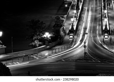 Public Transport On The Suspension Bridge At Night In Budapest