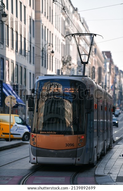 Public transportation trams on the streets of
Brussels, Belgium, 2022.