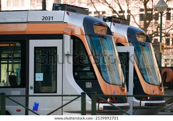Public transportation trams on the streets of\
Brussels, Belgium, 2022.