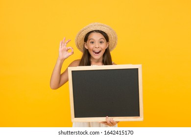 Publicity And Education. Happy Child Give Ok Sign. Little Kid Hold Blank Blackboard. School Publicity. Advertising And Marketing. Advertisement And Promotion. Publicity Agency, Copy Space.