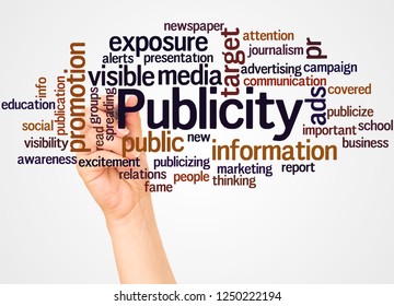 Publicity Word Cloud And Hand With Marker Concept On White Background.
