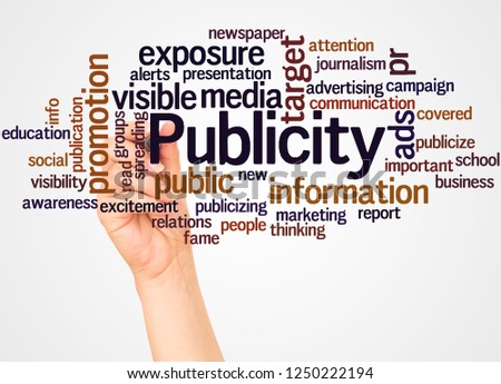 Publicity word cloud and hand with marker concept on white background.

