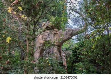 Pubol, Spain; 12 08 2021: Wooden Elephant With Raven On Made By Salvador Dalí At Gala's Castle In Púbol, Gerona