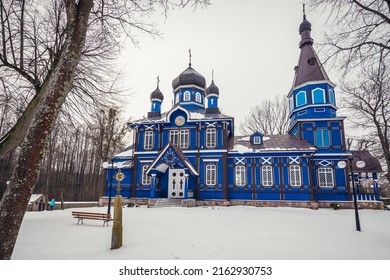 Puchly, Poland - January 26, 2018: Side view of Protection of the Mother of God Orthodox church in Puchly village, Podlasie region