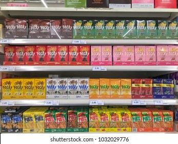 Puchong, Selangor, Malaysia- February 23, 2018; Box of POCKY biscuit stick chocolate flavour at the supermarket shelf.