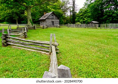 The Puckett Cabin At Groundhog Mountain On Blue Ridge Parkway. Historic Cabin Was Home Of Legendary Midwife Orlean Hawks Puckett. Appalachian Woman Also Known As Aunt Orlean. Carroll County, Virginia.