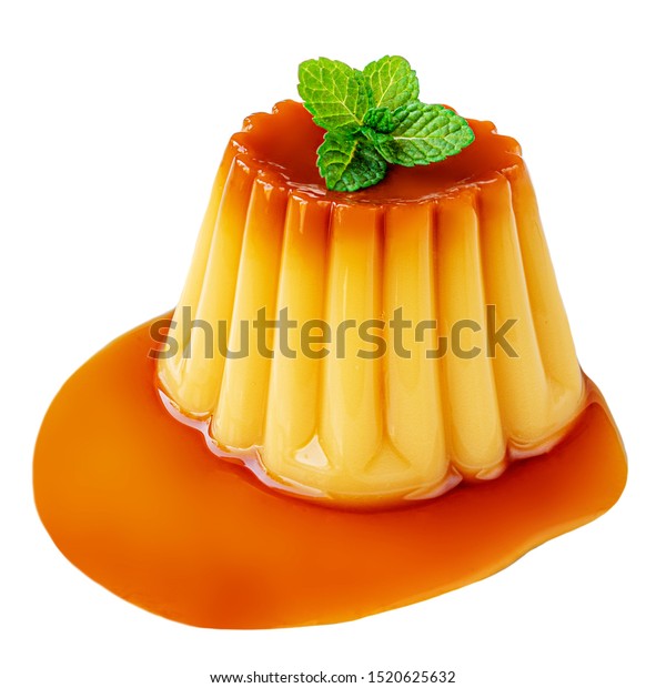 Pudding caramel custard with caramel sauce and\
mint leaf isolated on white\
background