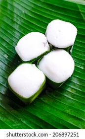 Pudding with coconut topping , Thailand dessert with banana leaf