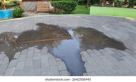 Puddle forms on gray brick pavement, reflecting the sky and nearby trees creating a serene outdoor scene, suggesting uses for landscaping or environmental themes.
