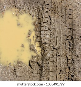 Puddle And Mud With Car Wheel Track In Rainy Day