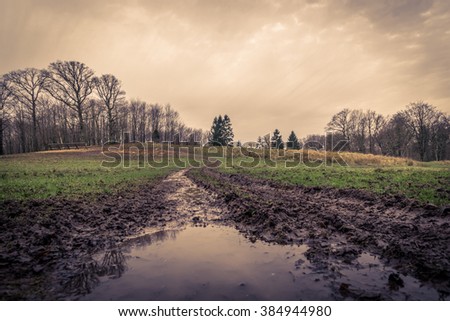 Puddle at a muddy road in the fall