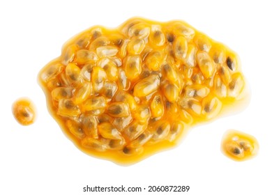 Puddle Of Passionfruit Pulp With Drops Isolated On White Background.