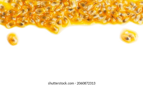 Puddle Of Pulp And Passionfruit Juice With Drops At The Top Of The Image On A White Background.