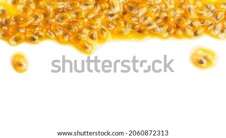 Puddle of pulp and passionfruit juice with drops at the top of the image on a white background.