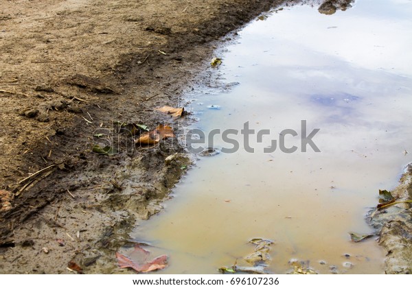 Puddle of water in the earth with reflection of\
the sky and clouds