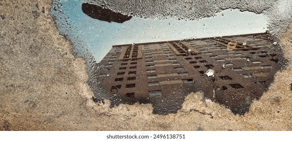 A puddle of water reflects the image of an apartment building against a blue sky background. Beautiful, unique and artistic. - Powered by Shutterstock