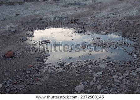 Puddle in the yard. Small depth of field